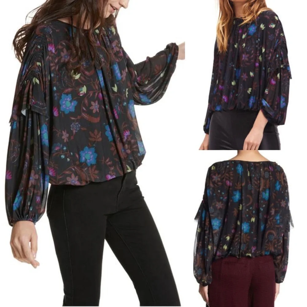 Free People Wildflower Honey Stretch‎ Mesh Floral Ruffle Blouse
